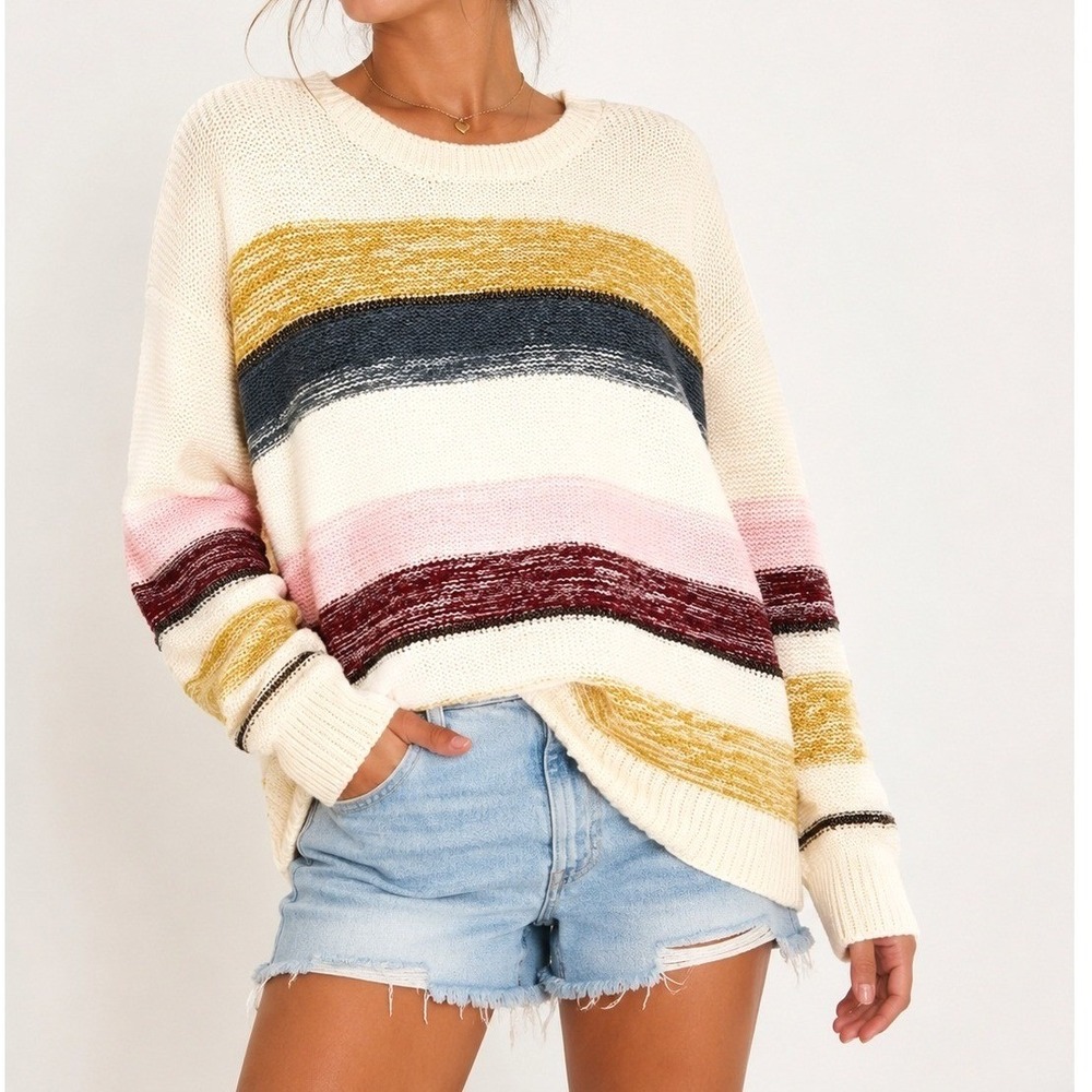 Rails Striped Cotton Knit Crewneck Sweater Women's Small Cream Pink Mustard